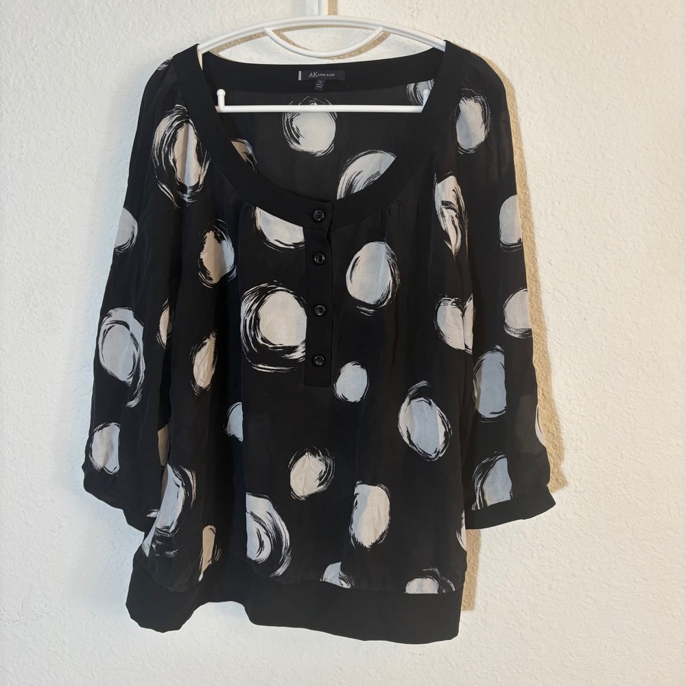 Anne Klein Silk Blouse Women XL Black White Polka Dot